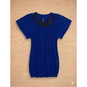 royal blue Windsor brand blouse draped neckline adorned with black Sz M